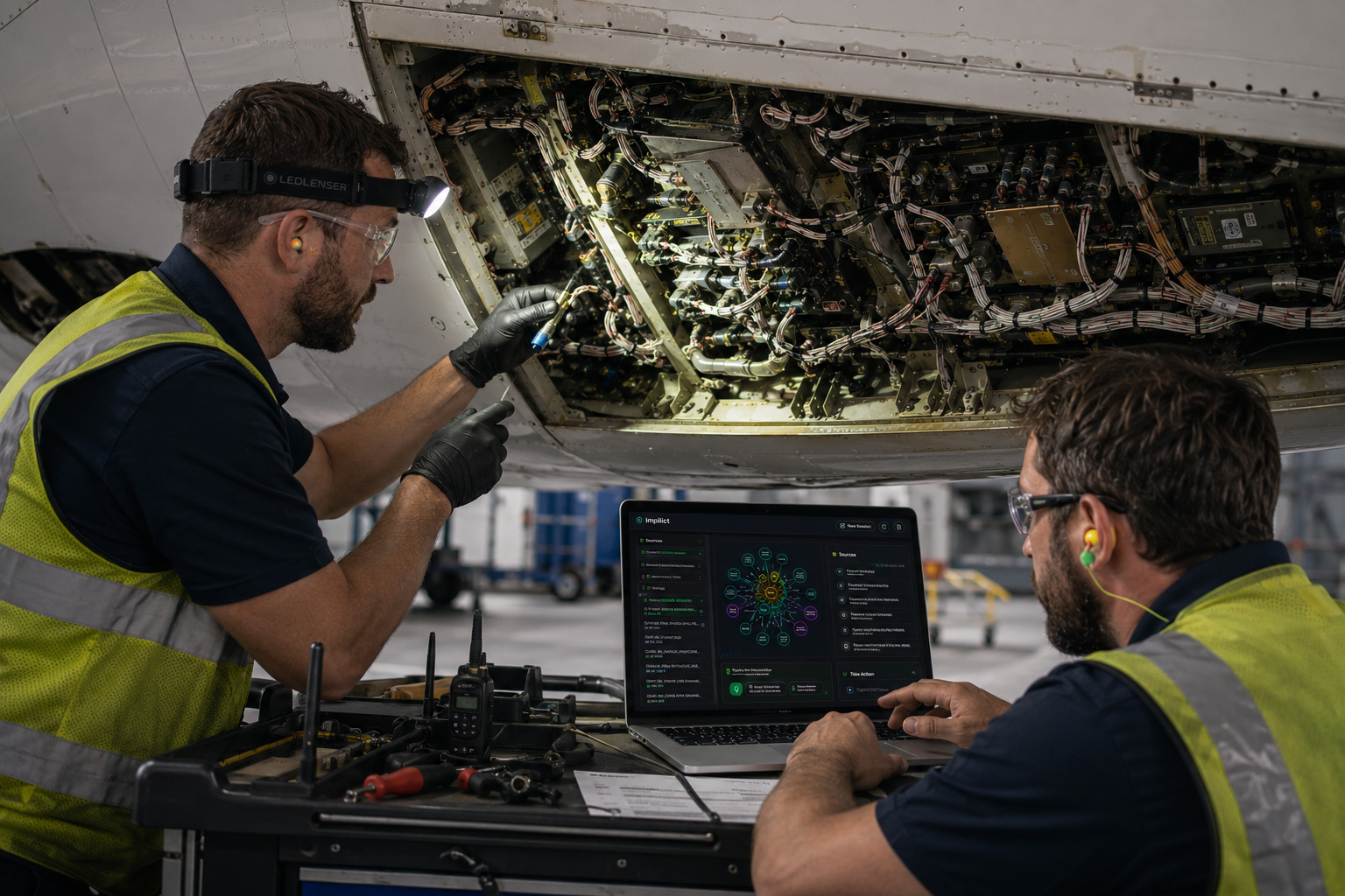 Technician troubleshooting wiring in an aircraft avionics bay