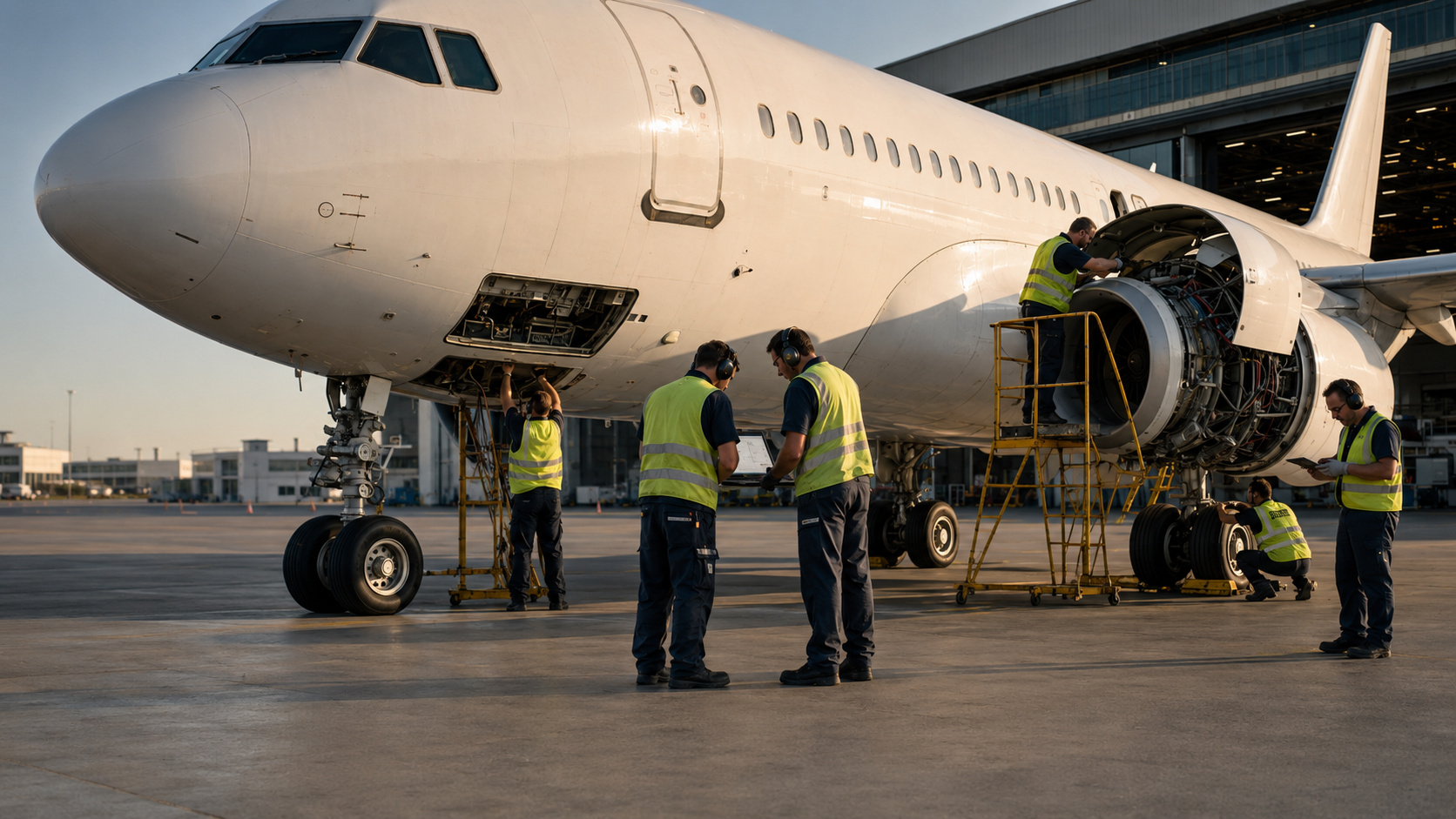 Line maintenance technician at an open access panel reviewing a cited procedure on a tablet