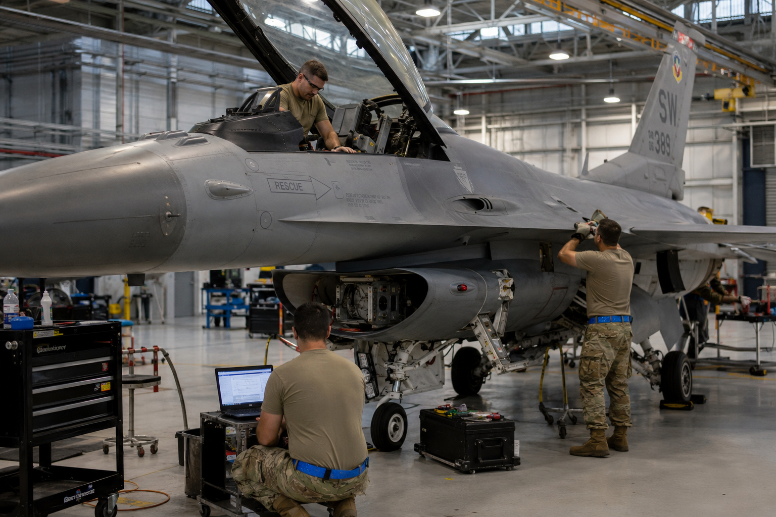 F-16 maintainers on the flight line with an Implicit cited-answer overlay