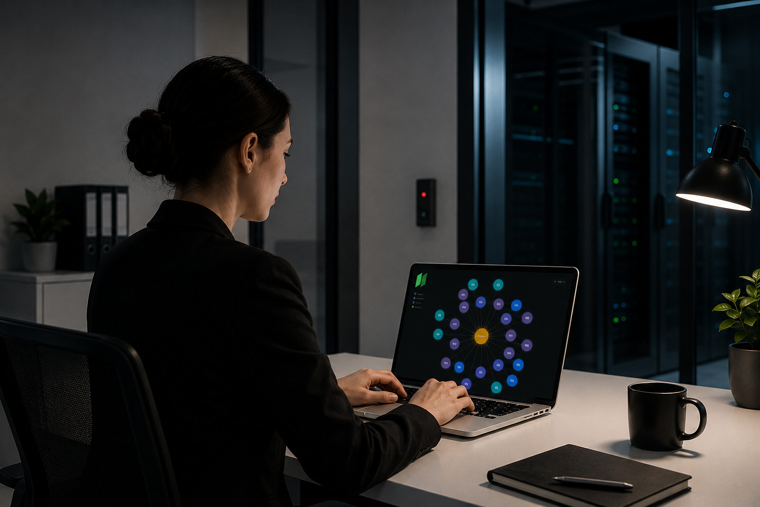 Engineer reviewing an Implicit workspace on a laptop in a secure facility