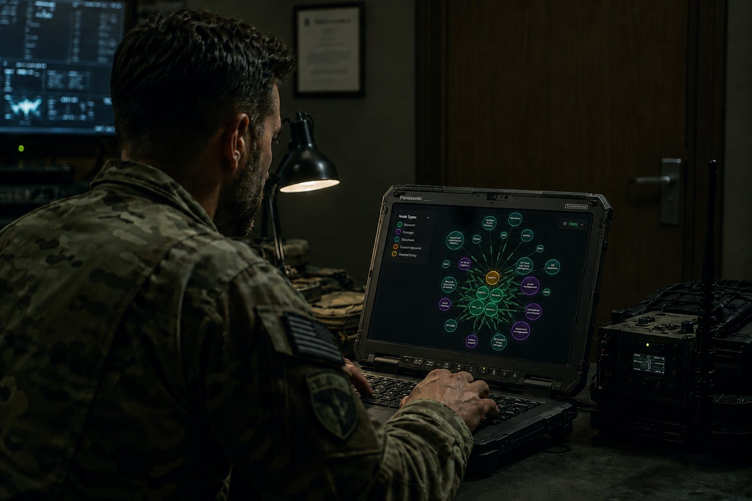 Military operator reviewing an Implicit knowledge graph on a Toughbook in a secure operations center