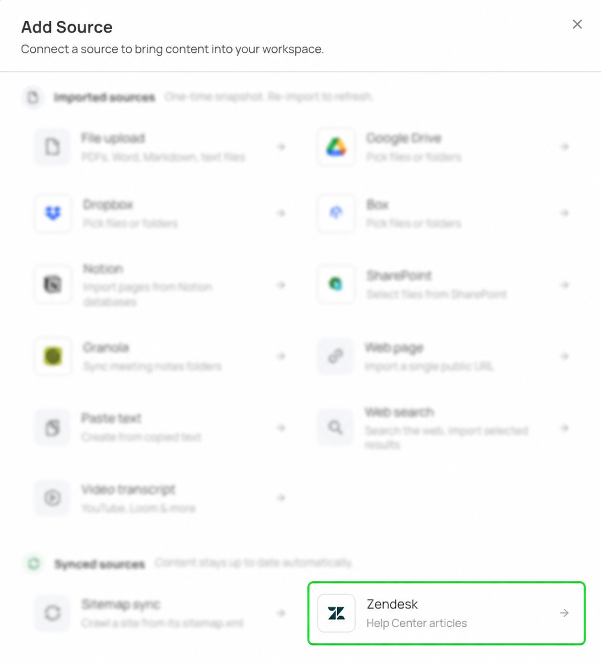 Implicit Add Source modal showing Zendesk Help Center as a synced source.